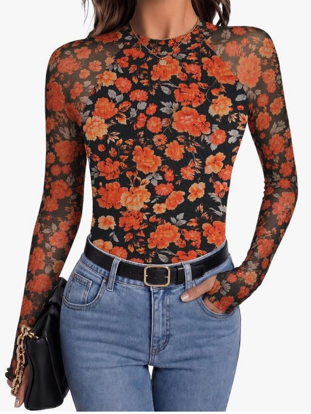 Fall Floral Stretchy Mesh Long Sleeve Top